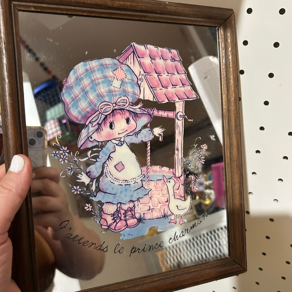 Vintage Style Brown Framed Mirror with Illustrated Design